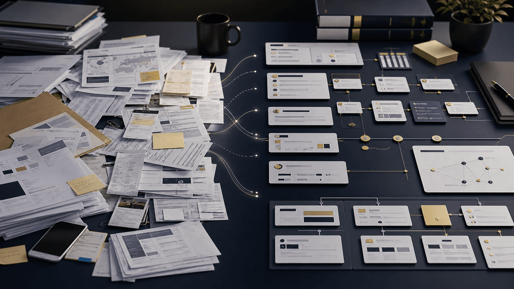 Scattered case documents organized into a structured clarity package